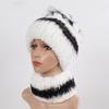 Knitted Women Warm Rex Rabbit Fur Hat Scarf Sets Winter Natural Rex Rabbit Fur Cap Scarves Russia Lady Fur Hats Muffler 2 Pieces