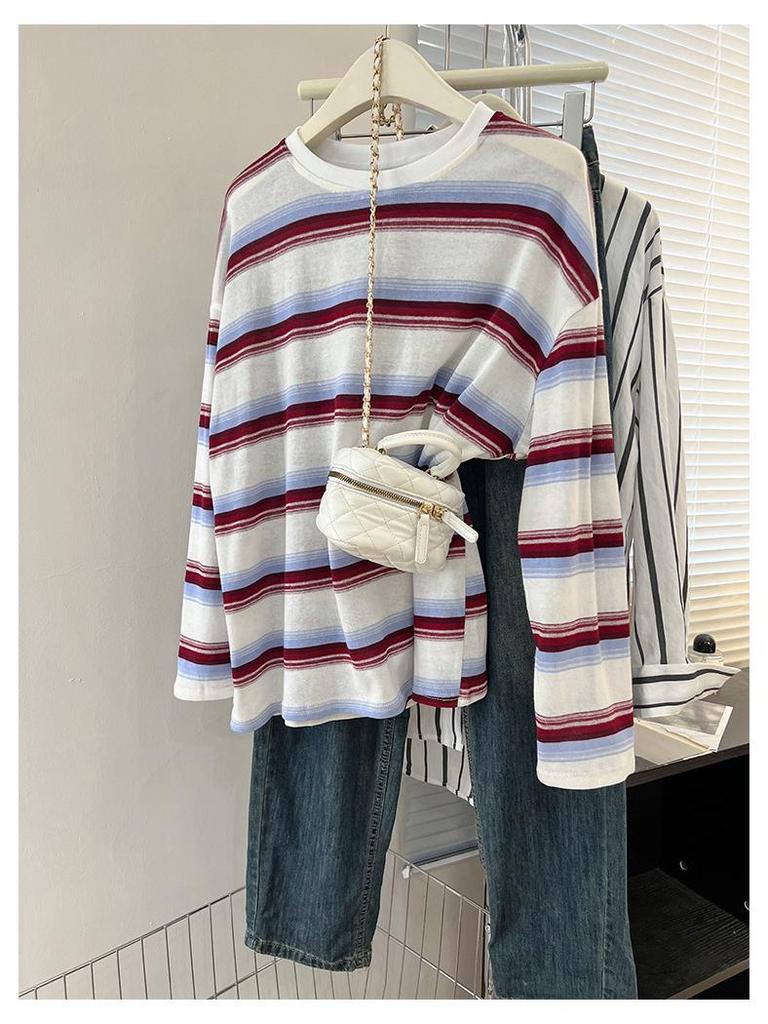 Women's Black Striped Long-Sleeve T-Shirt, Spring/Autumn 2025 Trend, Designer Look, Unique Base Layer, Loose Fit