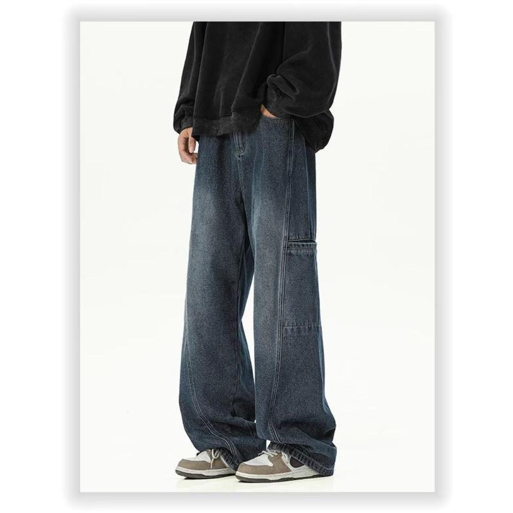 Men's Trendy Washed Workwear Jeans Loose Straight Leg Wide Leg High Street Casual Long Pants