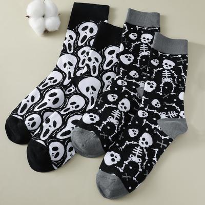 2 Paires Chaussettes Halloween Femme Motif Crâne Masque de Fantôme Punk Tendance Chaussettes Mi-Mollet Automne Hiver Confortables Respirantes Lot