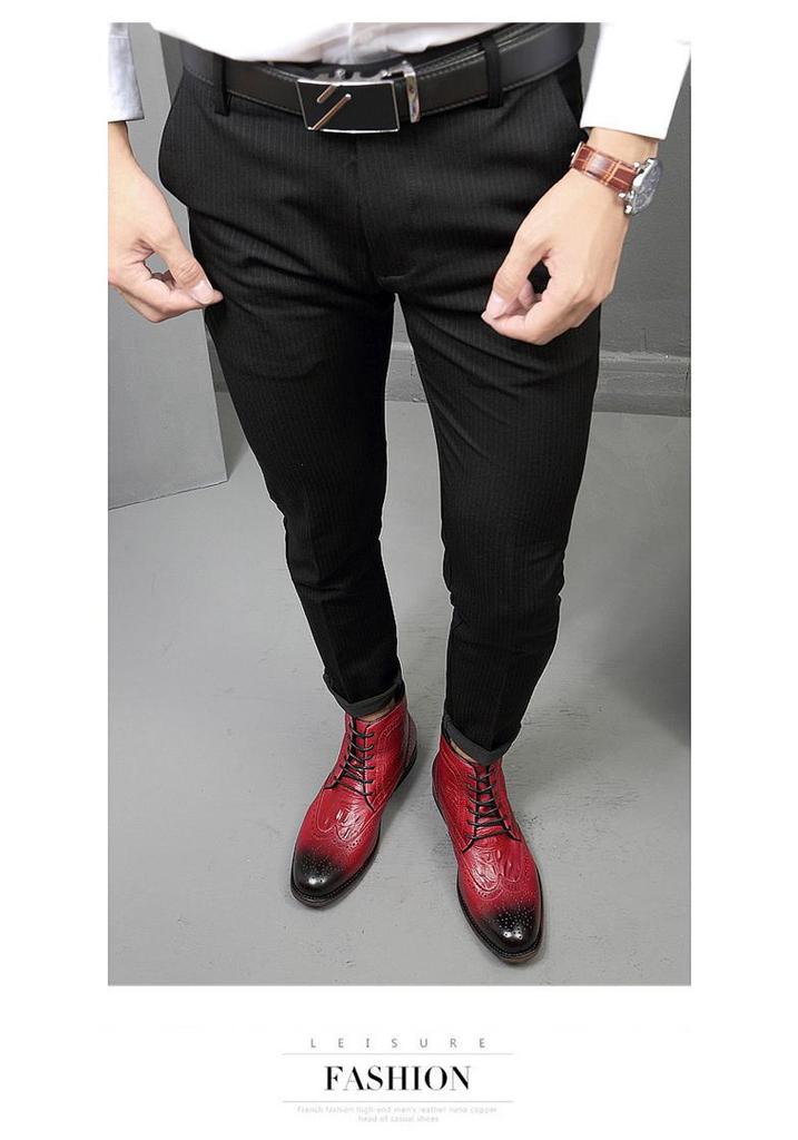 Men's Brogue Ankle Boots: Carved Cowhide High-Top, Pointed Toe, Autumn/Winter Fashion, Large Size.