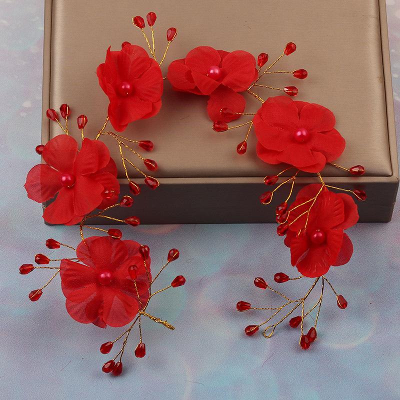 Red Flower Bridal Tiara Hairband Gold Color Crystal Pearl Headband Women Headpiece Wedding Crown Bride Hair Jewelry Accessories