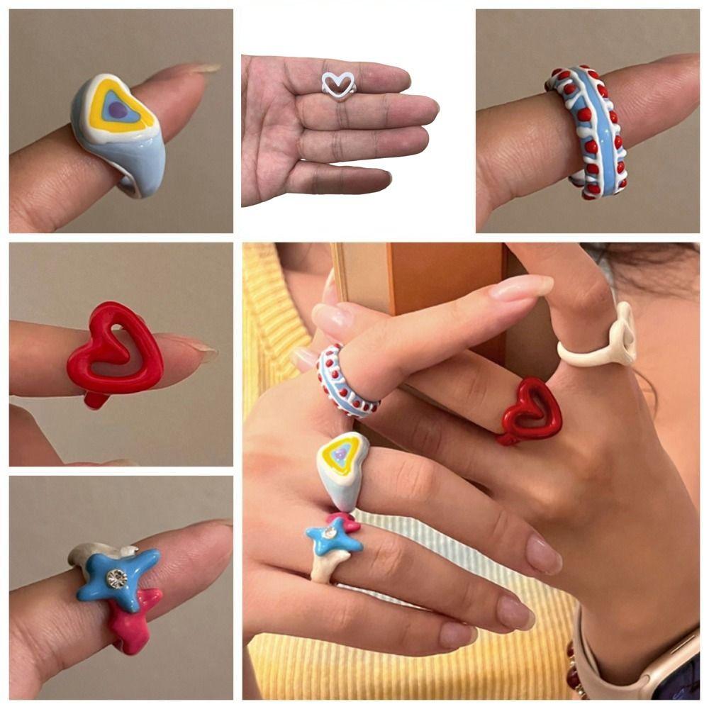 Korean Style Dripping Oil Finger Buckle Chunky Jewelry Geometric Ring Enamel Heart Ring  Men