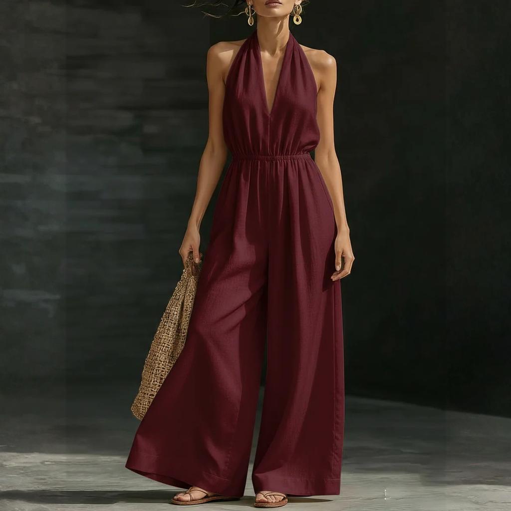 Women's V-neck Wide-leg Sleeveless Belted Long Jumpsuit
