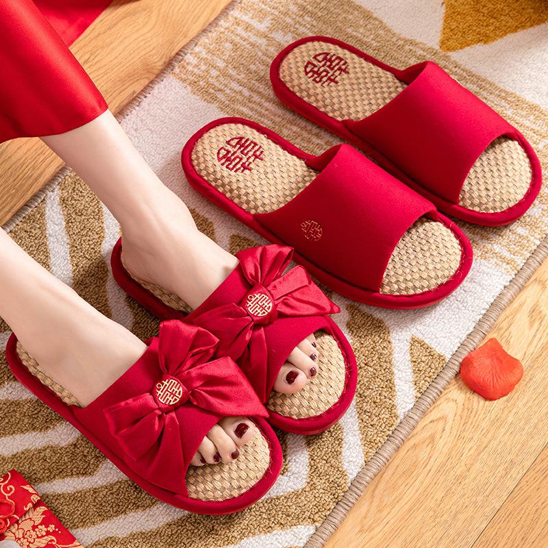 Wedding slippers festive bow big red pair of four seasons linen couple newlywed bride dowry slippers