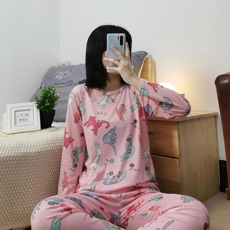 Women's Korean Style Pajama Set: Long Sleeve, Round Neck, Cute Cartoon Print, Comfortable for Spring & Autumn