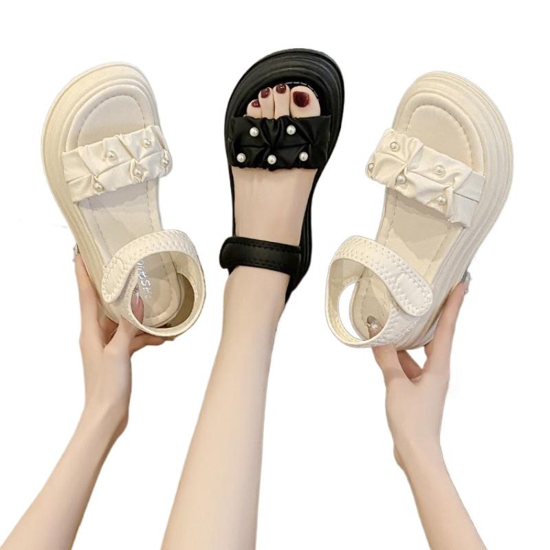 SyfIyno Summer New Pleated Belt Hanging Pearl Women's Sandals Thick Soled Outer Casual Self-adhesive Buckle Beach Shoes Sandals