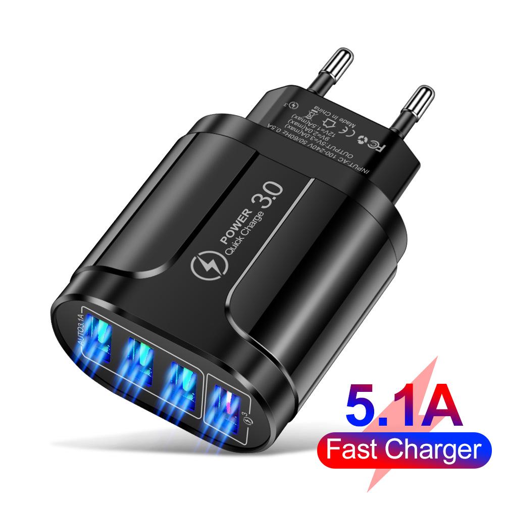 

5.1A QC3.0 Butterfly 4-Port Fast USB Charger with US/EU/UK Plugs 4USB-UK Black (Triangular)