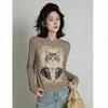 Europe America Fashion Cat Print Women's T-shirt Casual Pullover Women Long Sleeve Clothing Outdoor Street Tees Top
