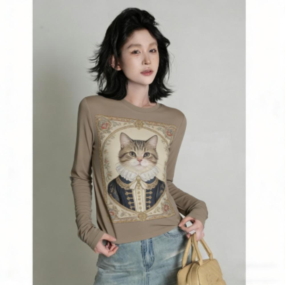 Europe America Fashion Cat Print Women's T-shirt Casual Pullover Women Long Sleeve Clothing Outdoor Street Tees Top