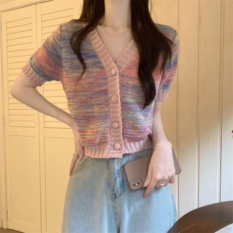 Color Blocking Tie Dye V-neck Temperament Small Fragrance Style Short Sleeved Knitted Shirt Loose Slimming Short Top for Women In Summer