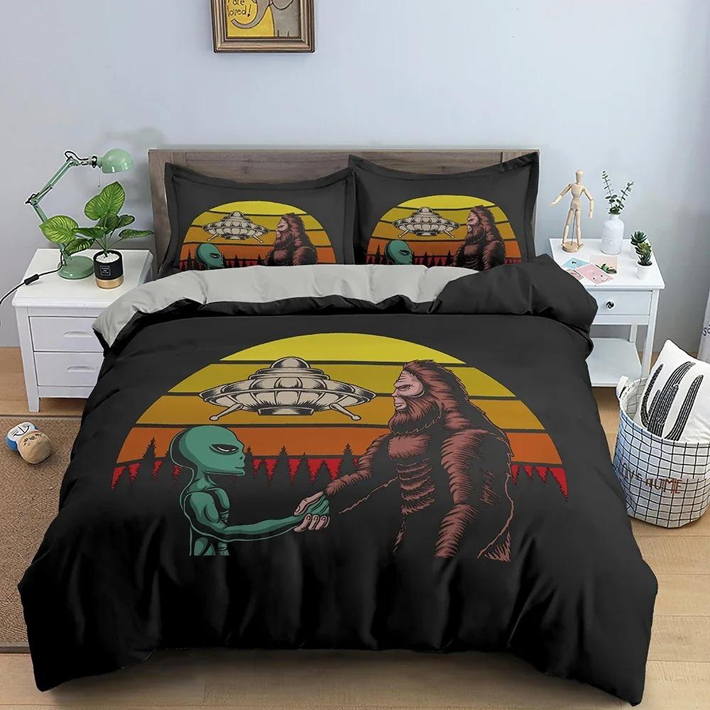 Mysteriöses UFO Alien Bettwäsche-Set Luxuriöse Bettwäsche Cartoon-Druck Polyester Bettbezug mit Kissenbezug für Schlafzimmerdeko