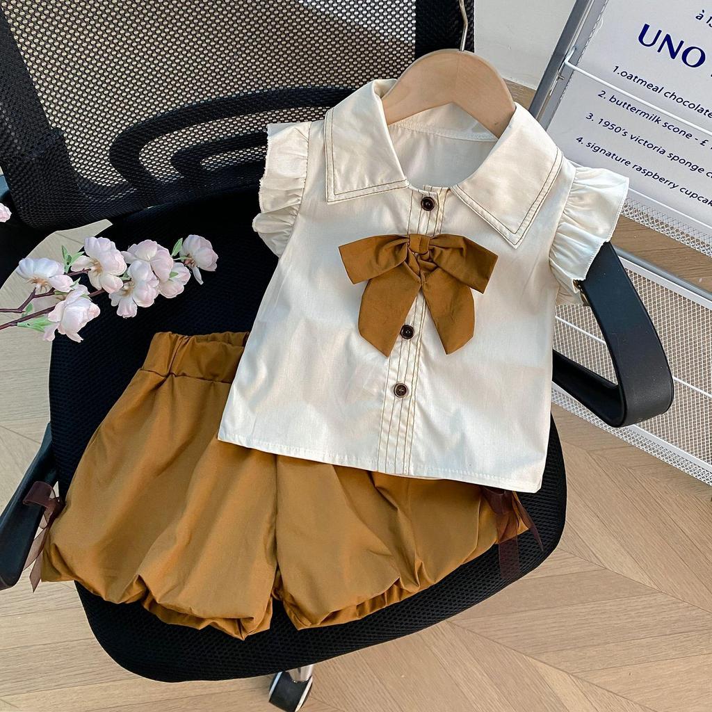 6530 Girls' Summer College-Style Two-Piece: Ruffled Sleeve Top & Floral Bud Shorts