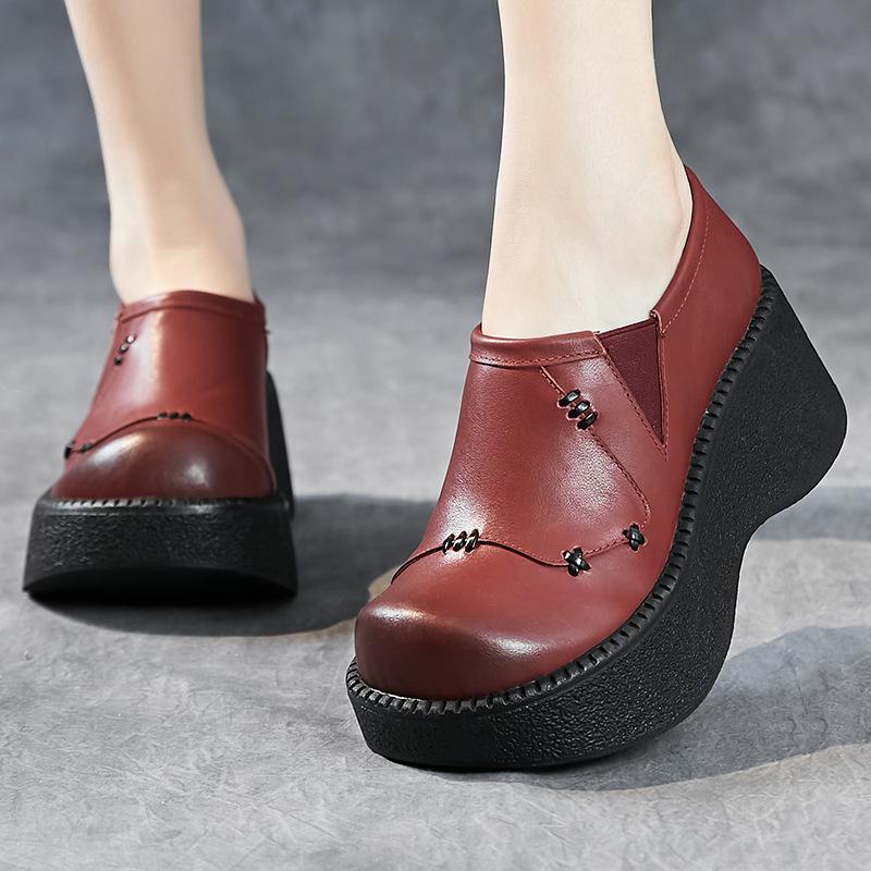 Fashion 6.5CM Handmade Wedges Heel Shoes Women Wide Head Design Genuine Leather Slip On Loafers Comfort Versatile Casual Lady Shoes