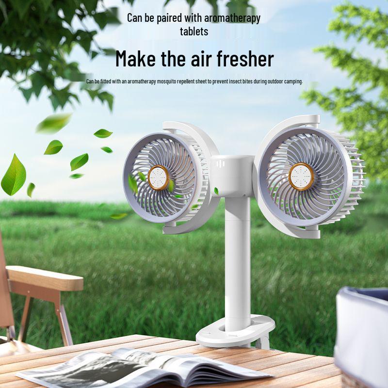 Dual-Head Clip-on Desk Fan with Ultra-Long Battery Life - Silent USB Rechargeable Fan for Car, Dorm, or Desktop Use. With Extension Rod