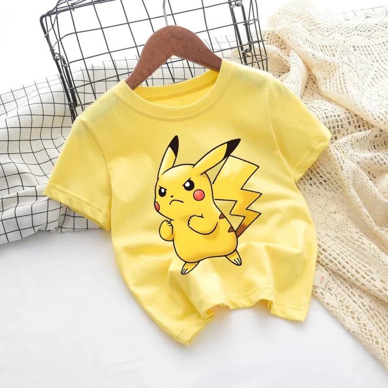 Pokemon Pikachu Cartoon Boys Girls T-shirt Short-sleeved Cotton O-neck T-shirt Casual Clothes Oversized Kids/Adult Tops