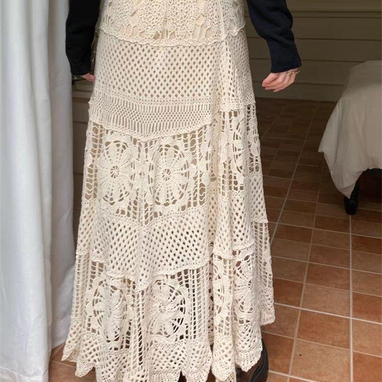 

Осень Зима Женская Нишевый Дизайн Вязаная Крючком Ажурная Юбка Вязаная Юбка с Высокой Посадкой Облегающая Эластичная Талия А-силуэт S