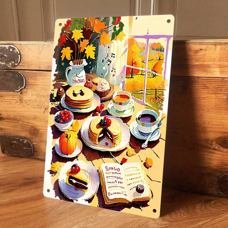 

1 piece: Autumn-themed cozy breakfast scene tin painting, retro kitchen decorative painting, home and dining room wall hanging, (as the picture,20x30cm)