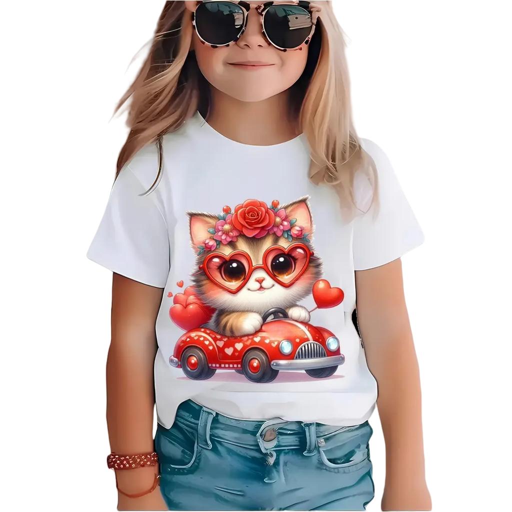 Tecknad Kattflicka T-shirt Kortärmad T-shirts Flickkläder Rundhalsad Topp Mode Juniorflickors Kläder Söta Utomhus Barn T-shirts