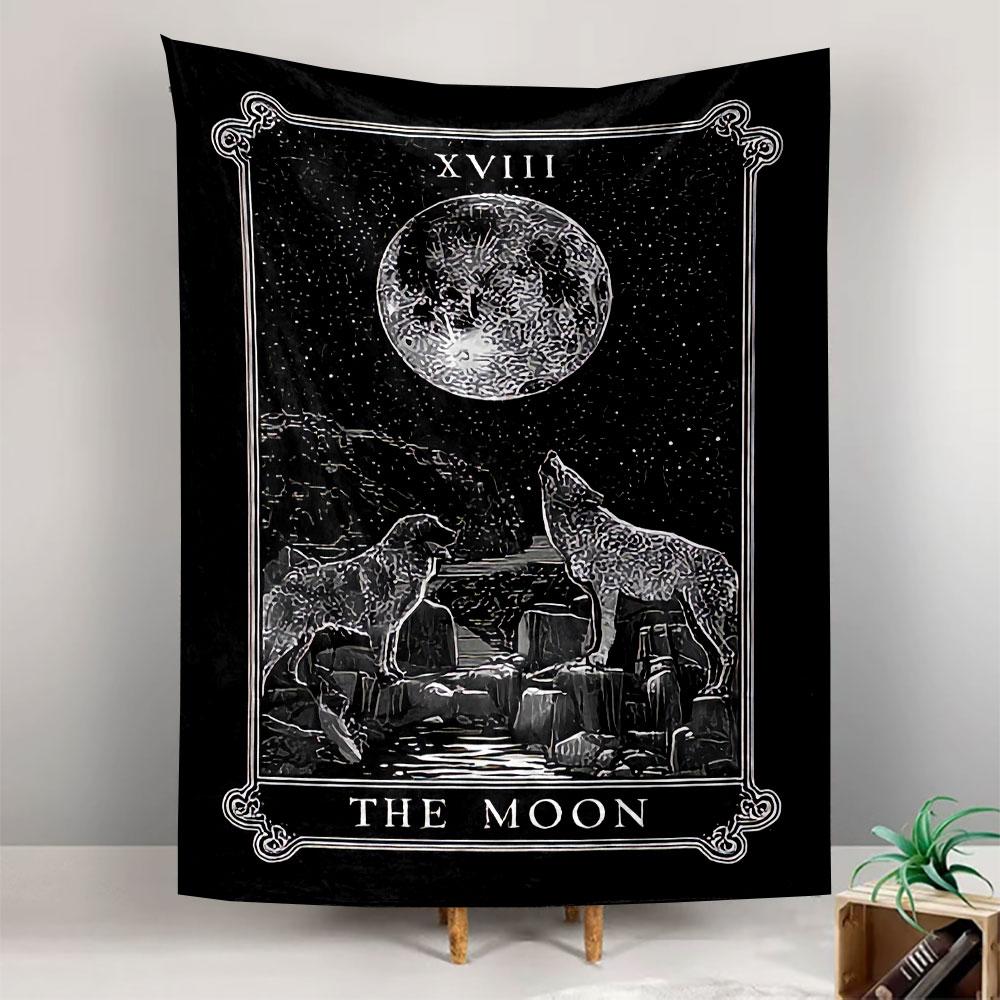 The Moon Tarot Card XVIII Tapestry Wall Hanging, Mystical Moon Card Art, Bohemian Wall Decor for Bedroom Living Room