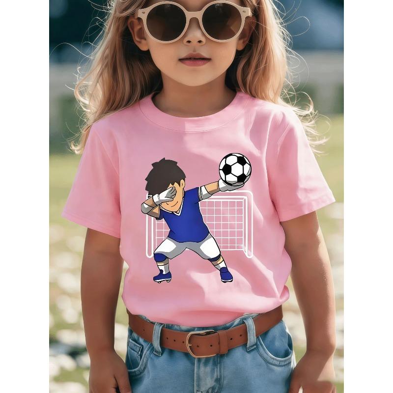 European sizes Cute Cartoon Style Boys And Girls Soccer Goalkeeper T-Shirt - Blue V-Neck Short Sleeves, Fun Pattern Design