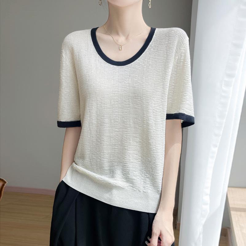 Bamboo-joint Linen Round-neck Contrasting Color Knitted Short-sleeved Summer New Versatile U-neck T-shirt Thin Top