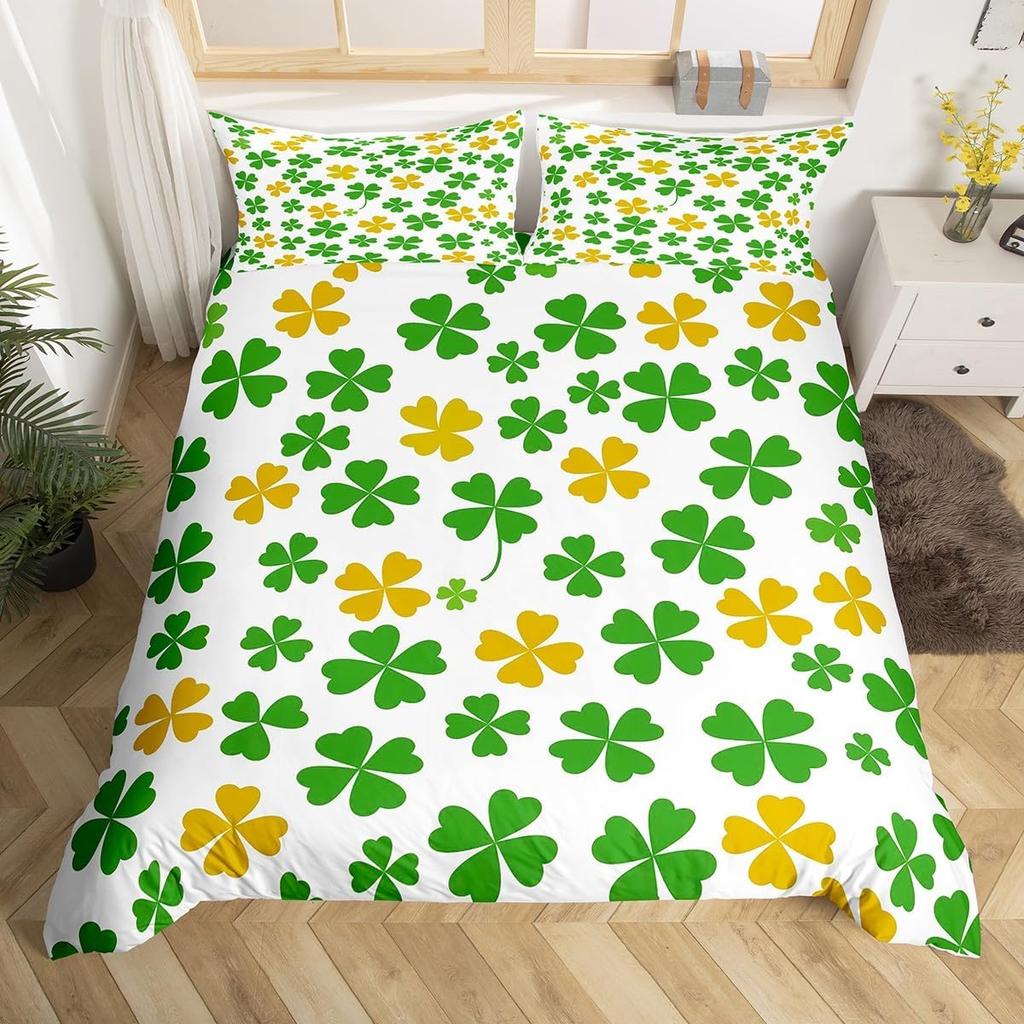 St. Patrick'S Day Duvet Cover Full Queen Spring Gnomes Comforter Cover 2/3 Pcs Green Botanical Leaves Flower Clover Bedding Set
