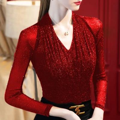 V-neck Bright Silk Mesh T-shirt for Women Spring Autumn New Long Sleeve Bottoming Shirt Fashion Temperament Elastic Top S-4XL