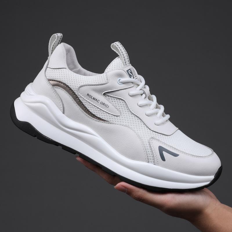 Real Leather Sports Shoes for Men Summer Mesh Breathable White Shoes Men's Versatile Thick Soled Dad Shoes