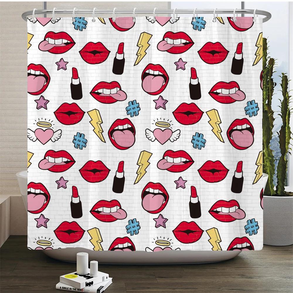 Love Heart Shower Curtain Romantic Red Pink Sexy Lips Waterproof Print Heart Pattern Bathroom Bathtud Decor Fabric With Hooks