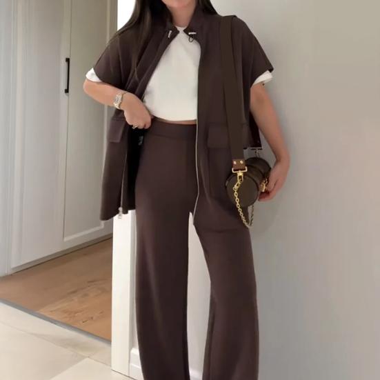 Women's Two Piece Outfit Casual Full And Wide Leg Pants Short Sleeve Shirt Set Casual