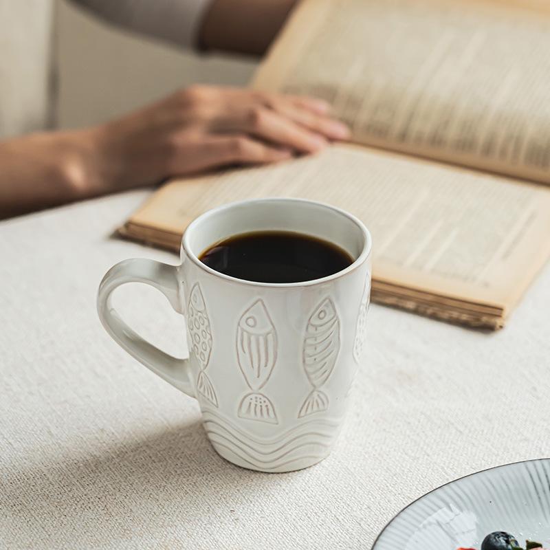 Retro Style Relief Ceramic Mug, Old Couple Cup, Drinking Cup, Household Large-capacity Milk Cup, Coffee Cup