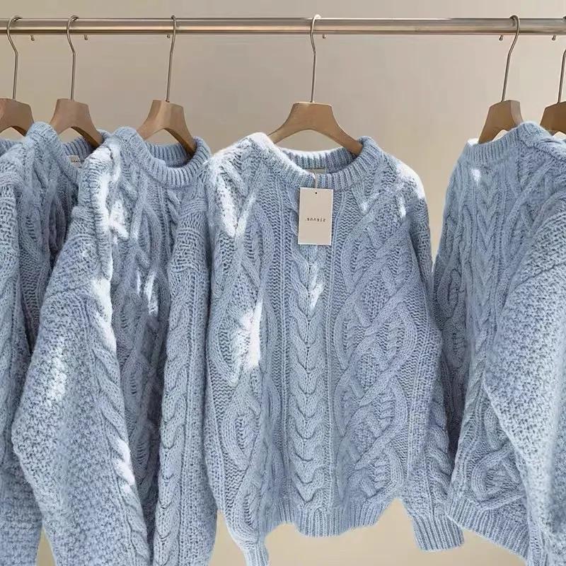 Women's Loose-fitting Autumn and Winter Cable Knit Sweater Winter Lazy Style Thickened Knitted Pullover Top