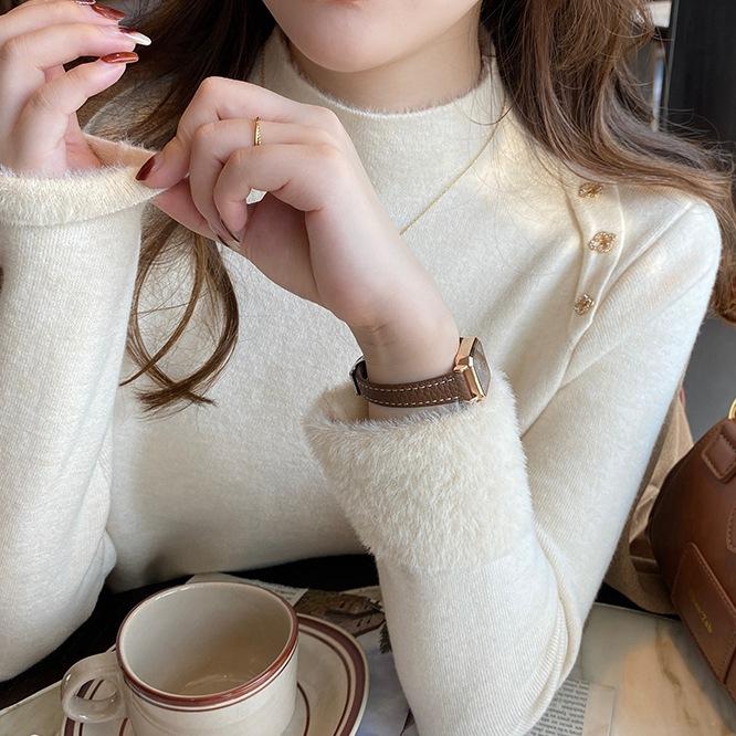 Dámský jednobarevný pulovr s dlouhým rukávem s přidaným sametem a silnou tloušťkou, módní ležérní pletený svetr na podzim a zimu