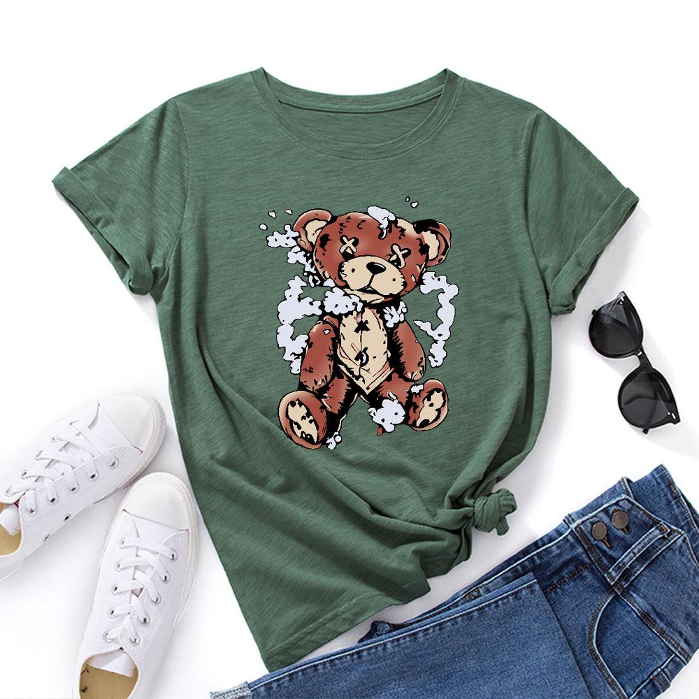Cartoon Bear Cotton T-Shirt Short Sleeve Soft Tee Round Neck Women 2d Print Tops