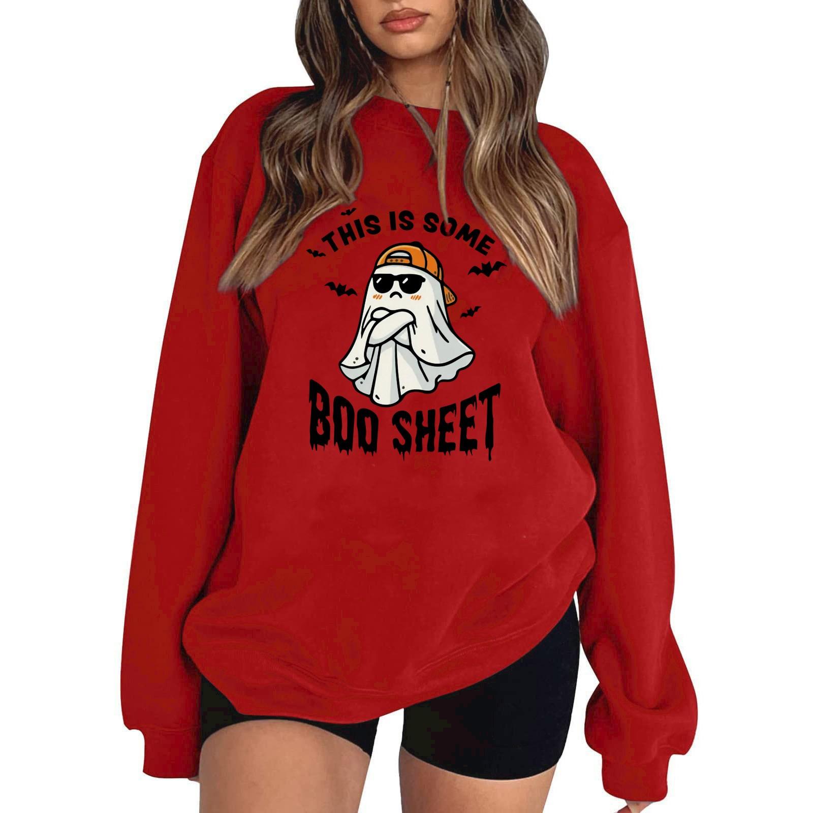 

Женский пуловер с принтом Хэллоуина, круглый вырез, заниженная линия плеча, блузка с длинными рукавами L красный