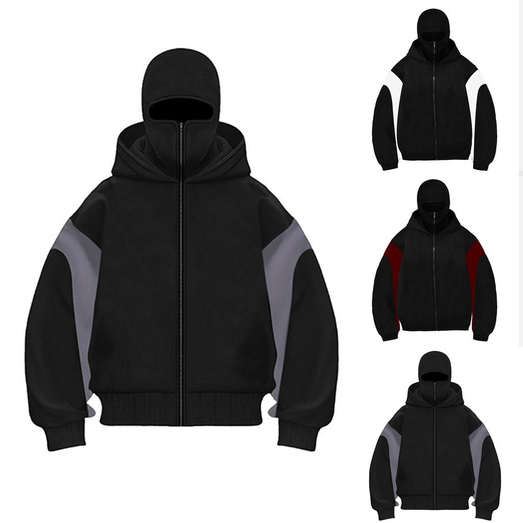 Mens Balaclava Hoodie Double Hooded Zip Jacket Spring Hoodie For Men Windproof Streetwear