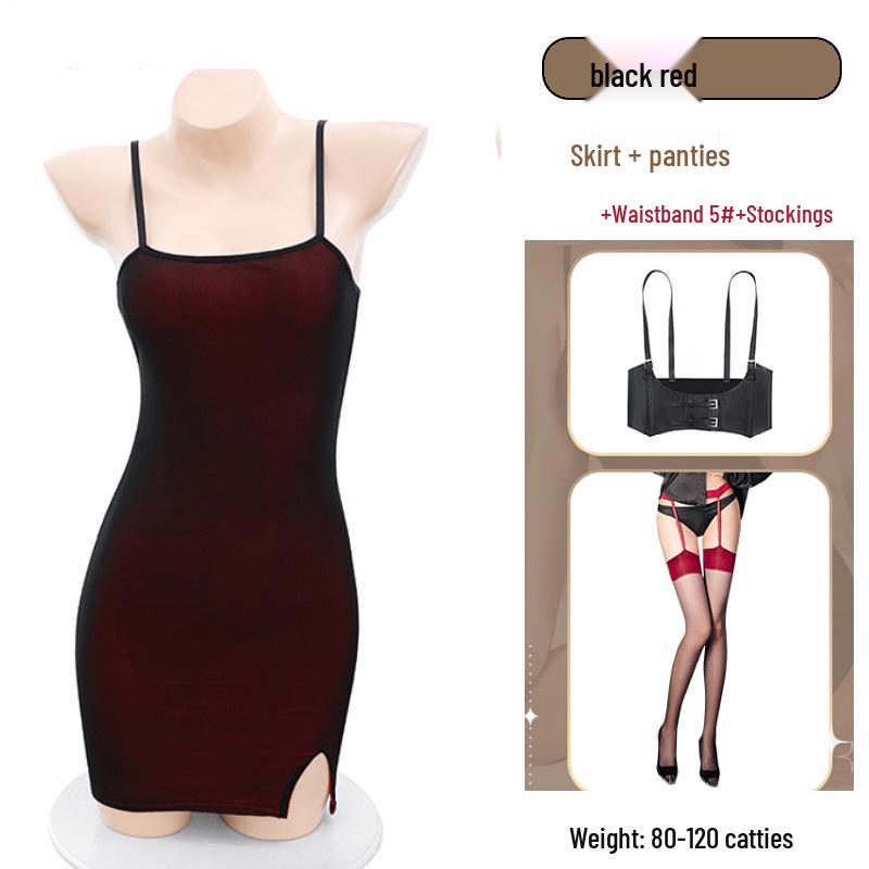 Red Color Block Strappy Bodystocking Nightgown with Thigh Highs and Sexy Lace Edging