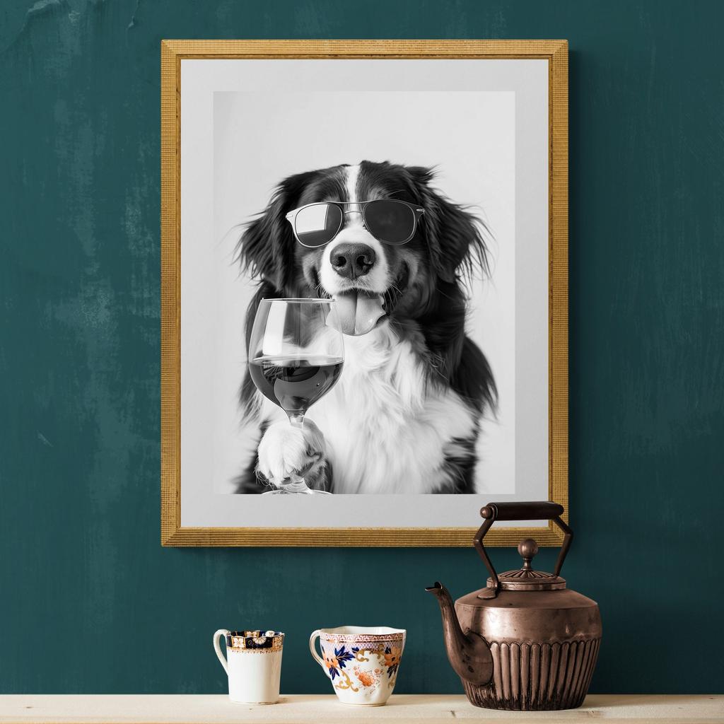 Funny Animal Collies Drinking Champagne Minimalist Animal Portraits Poster Canvas Paintings Wall Art Pictures Home Decor