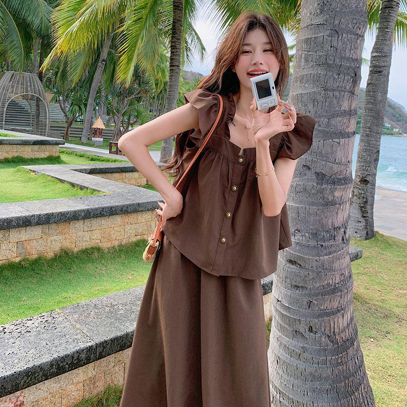 

Women s Summer 2026 French Cotton Linen Dress Set with Sweet Puff Sleeves - Trendy College Style Two-Piece Skirt Set S (80-105 cm) кофейный