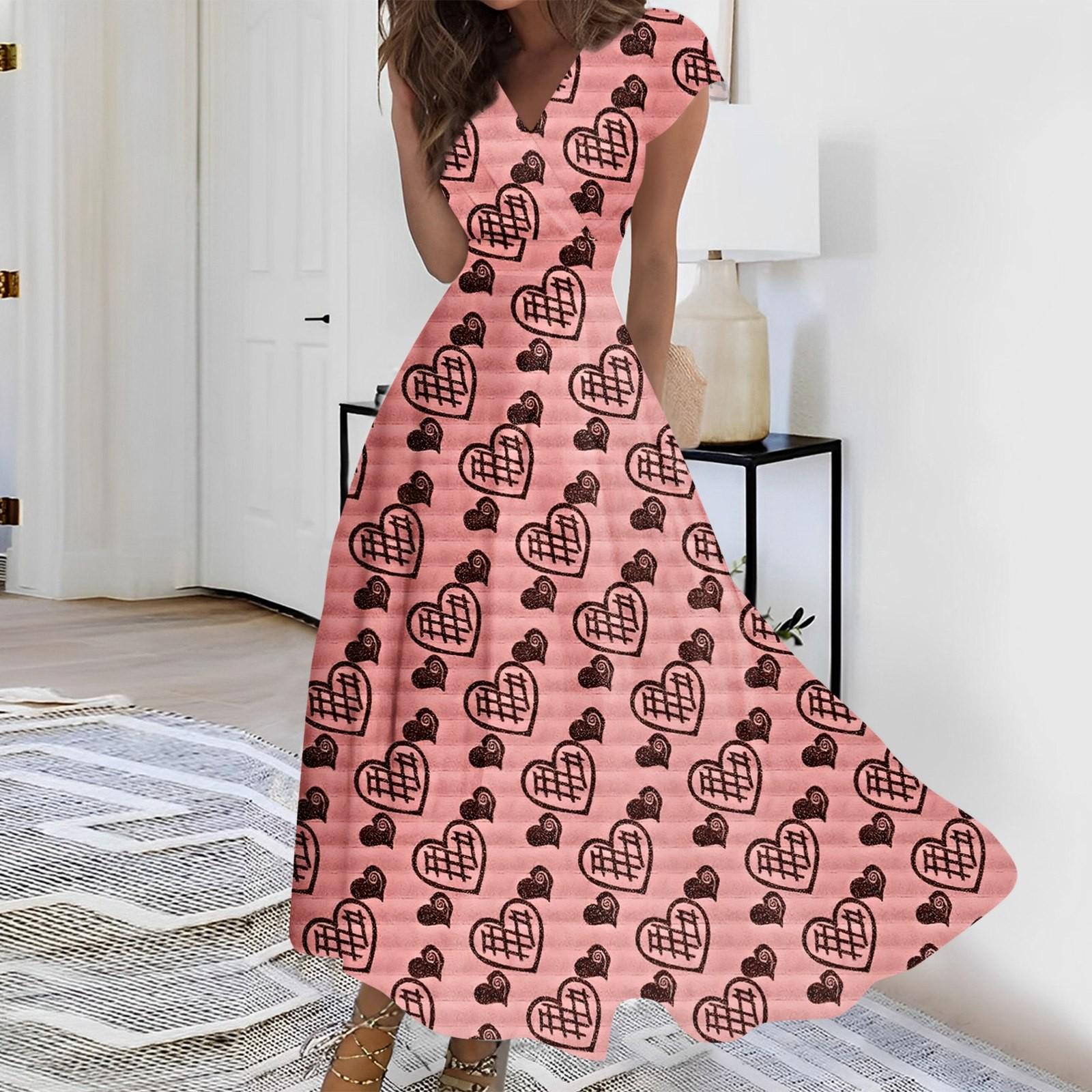 

Женское длинное повседневное платье весна-лето с коротким рукавом V-образным вырезом и заниженной талией с принтом S розовый