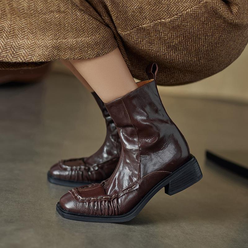 Fashion 2024 Autumn Women Boots Square Toe Chunky Heels Women Shoes Winter Ankle Boots Chelsea Genuine Leather Pleated Modern Boots