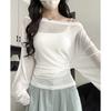 Women See Through Long Sleeve Oversize T Shirt Design Back Bandage Off Shoulder Top Female Long Tees Korean Lady