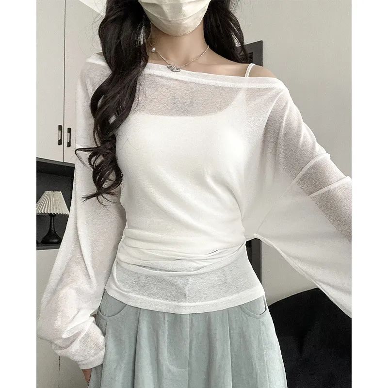Women See Through Long Sleeve Oversize T Shirt Design Back Bandage Off Shoulder Top Female Long Tees Korean Lady