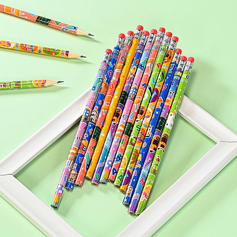 12Pcs Wooden Hb Pencil With Eraser Cute Sketch Drawing Pencil Student Writing Stationery Office Supplies Children'S Gift