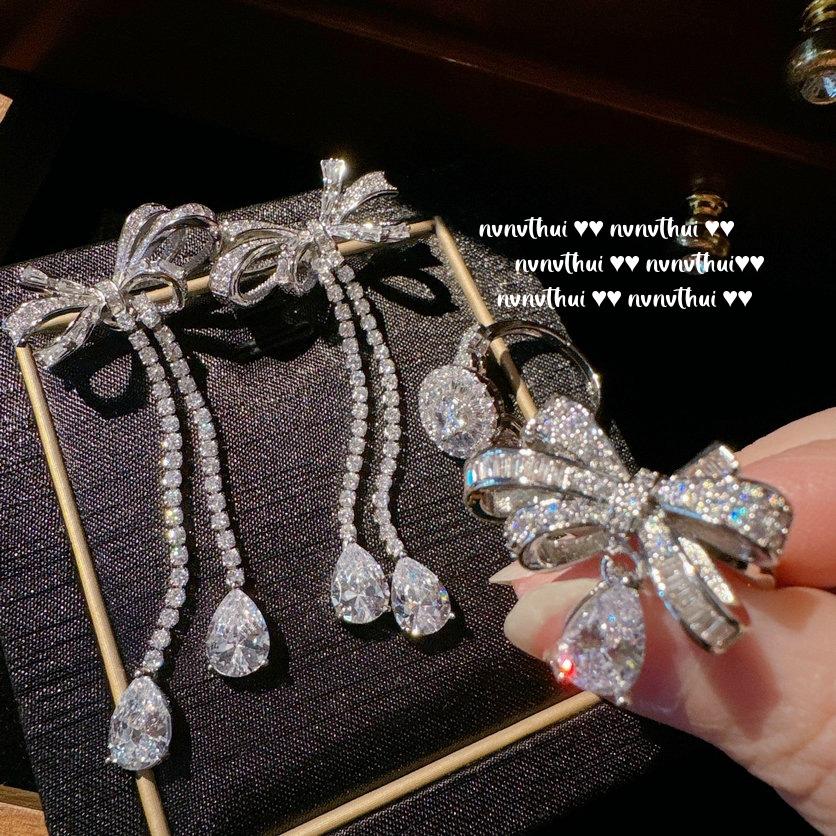 Princess On The Run Bow Gemstone Ring, Rich Daughter Gold, 18K Gold Plated, Butterfly Water Drop Zircon Earrings Combination