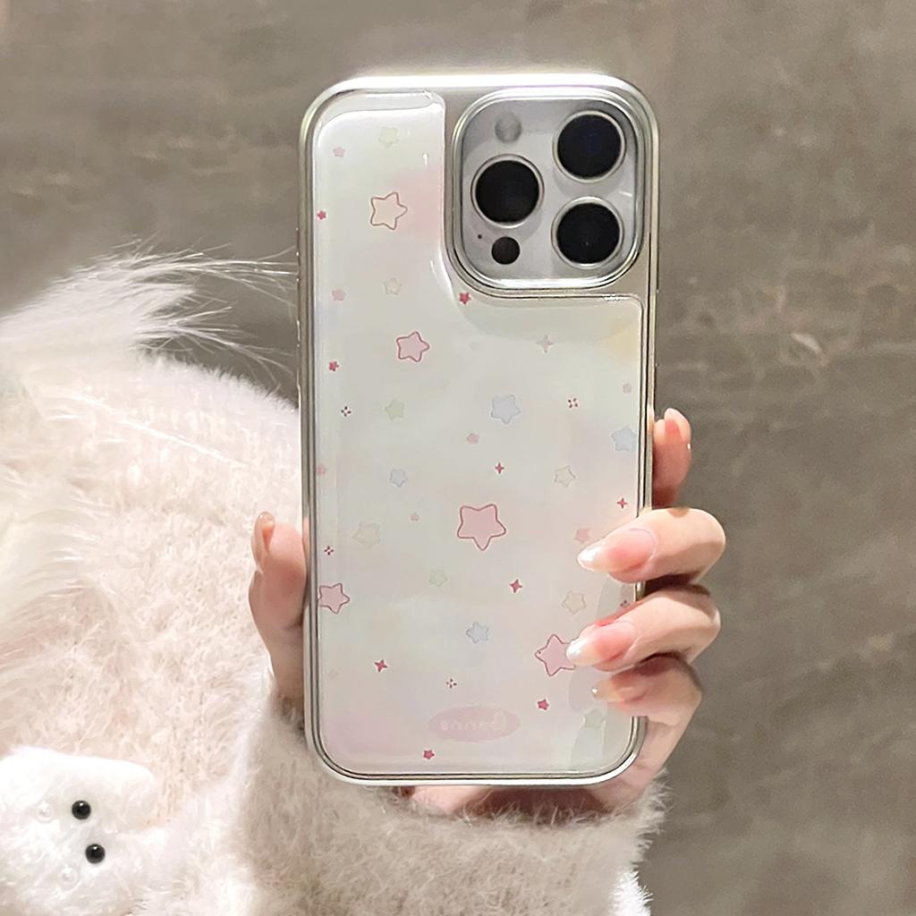 Kryt na telefon Drop Glue Růžový přechodový vzor Hvězdy Pokovený stříbrný okraj pro iPhone 17 16 15 14 13 12 11 Pro Max Plus