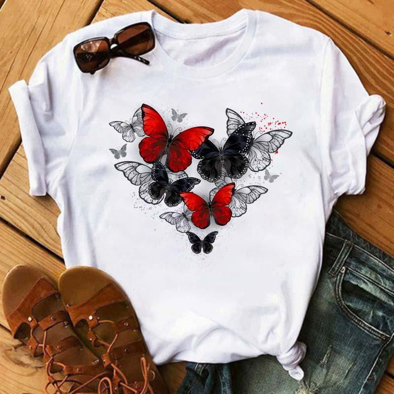 Summer Butterfly Print Plus Size Loose Round Neck Pure Cotton Short Sleeved Top T-Shirts Women’s Tees