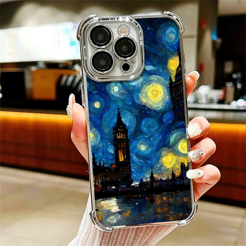 Starry Night Van Gogh Art Soft Phone Case For iPhone 15 16 17 Air 14 Pro Max 16E Plus 13 12 Mini Plating Anti-Fall Fundas