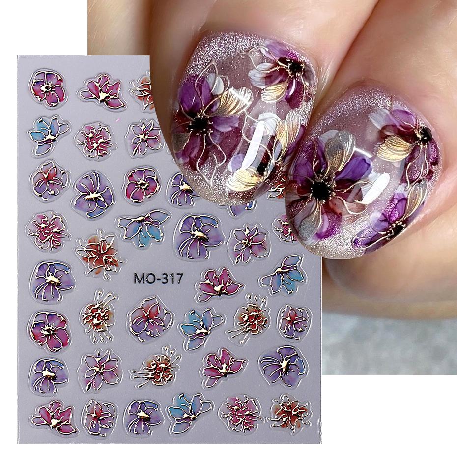 3pcs Holographic Purple Flowers Nail Sticker Metallic Blooming Floral Gradient Design Adhesive Decal DIY Charm Elegant Manicure Foils